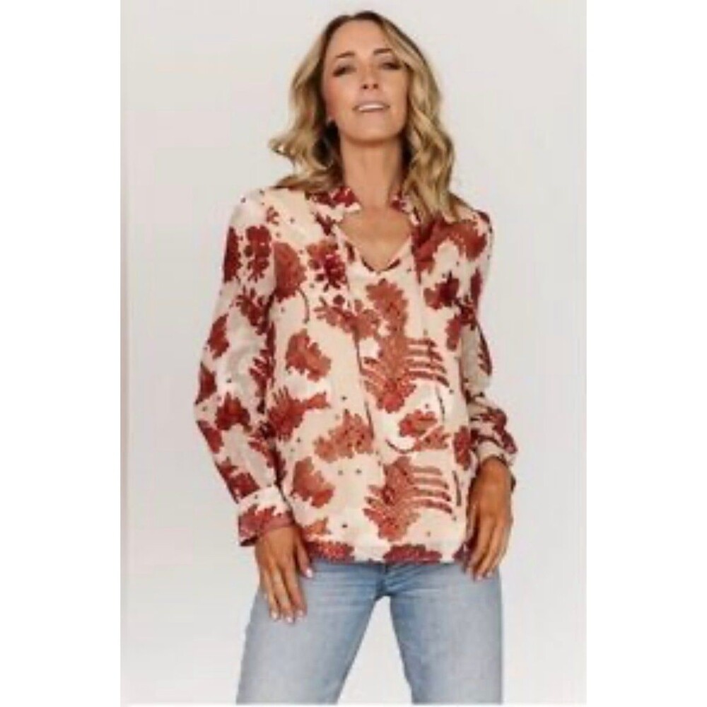 Baltic Born Womens The Kooples Blouse Beige Rust Floral Print Tie Collar XL